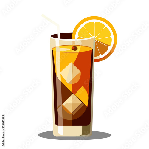  Long Island Iced Tea cocktail in a highball glass with lemon wedge. Vector illustration for design and print.