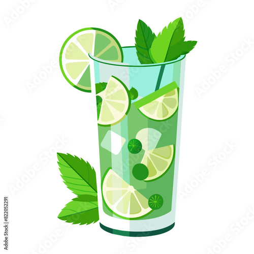 Mojito cocktail in a highball glass with lime and mint. Vector illustration for design and print.