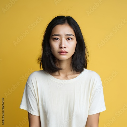Cream background sad Asian Woman Portrait of young beautiful bad mood expression Woman Isolated on Background depression anxiety fear burn out health issue problem  © Zickert