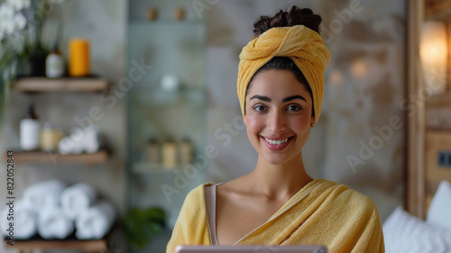 Young indian woman in spa looking digital tablets