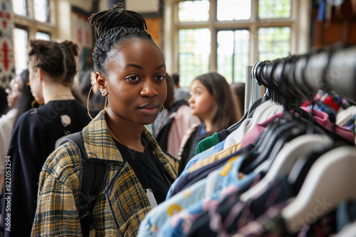 Students participating in clothing swap event, supporting circular economy by recycling fashion. photo