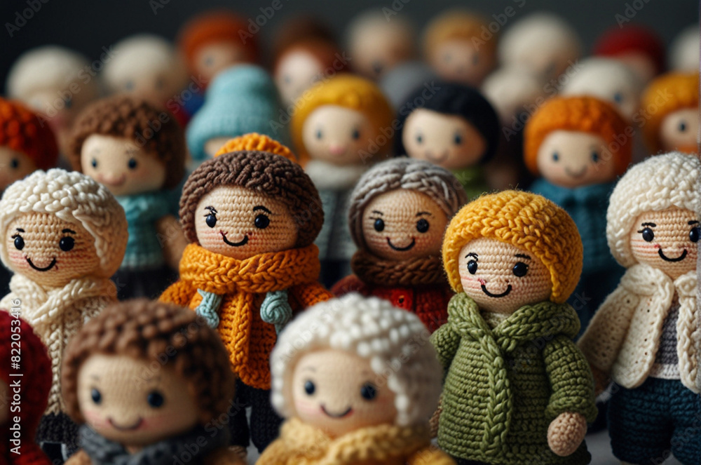 Group of Dolls - Diverse Crochet Art Celebrating World Population Day - Detailed Illustration with Selective Focus. Group of Dolls - Diverse Crochet Art Celebrating World Population Day - Detailed Illustration with Selective Focus.