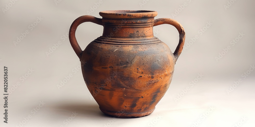 Ancient jar sparks flood of emotions evoking fond recollections. Clay jar exudes timeless beauty captivating imagination against gray background.