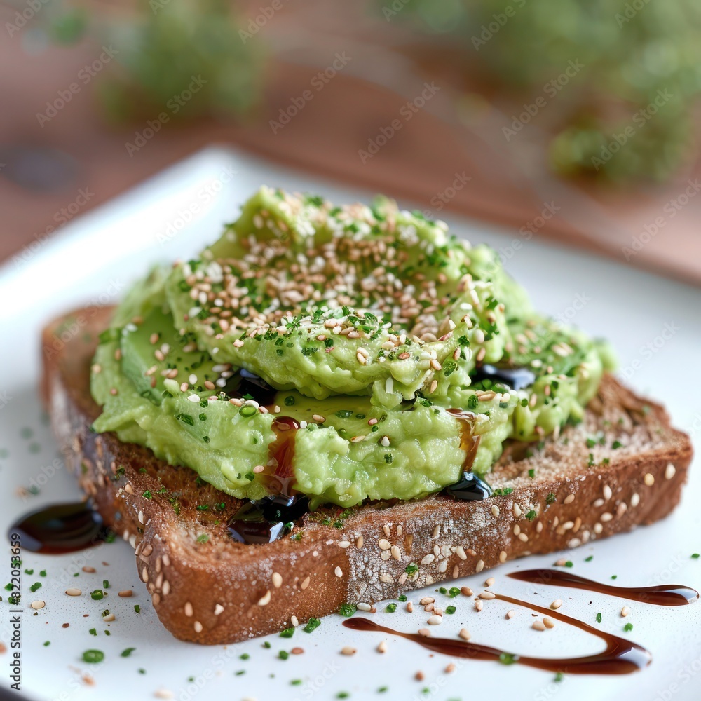 smashed avocado toast on rye bread sprinkled with sesame seeds and teriyaki sauce smashed avocado toast on rye bread sprinkled with sesame seeds and teriyaki sauce