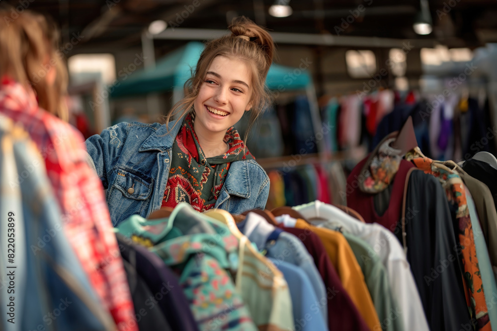 Fototapeta premium Students participating in clothing swap event, supporting circular economy by recycling fashion.
