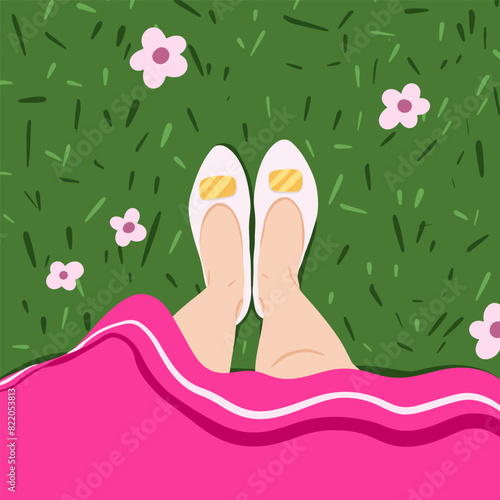 Legs selfie. Top view. Travel blogger legs selfie in shoes. Blogger lifestyle concept. Real estate vector concept, frames for social network.