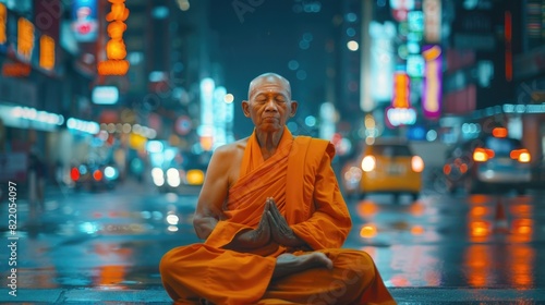 Monk sitting peacefully in city at night, suitable for spiritual concepts