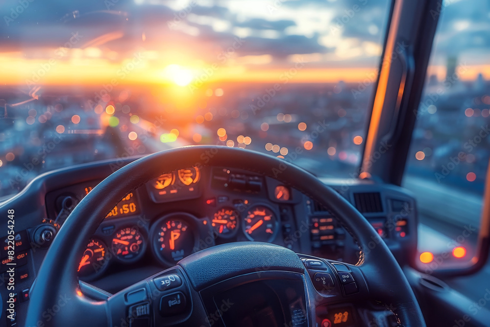 Steering wheel and glowing indicators on truck dashboard Steering wheel and glowing indicators on truck dashboard