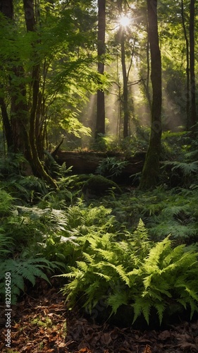 Sunlight filters through dense canopy of lush forest  casting beams of light that illuminate vibrant green ferns below. Scene captures serene moment in nature  where interplay of light.