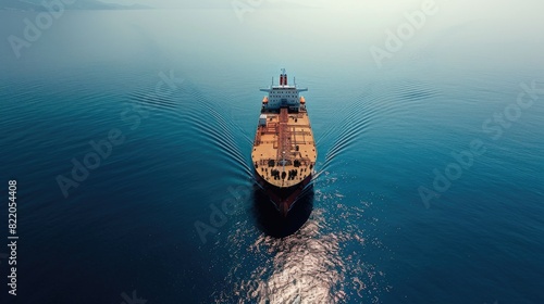 A large cargo ship sailing across the open ocean. Suitable for transportation and travel concepts