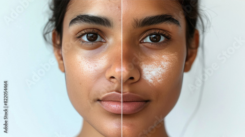 Indian patient divided between before and after the aesthetic procedure in light background photo