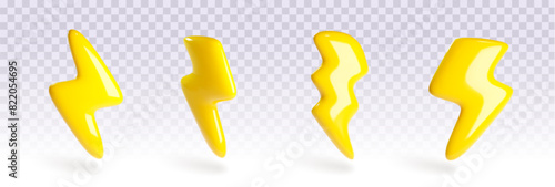 Lightning bolt of different shape on transparent background. Cartoon 3d vector illustration set of thunder flash or electric energy power sign. thunderbolt for warning, fast and discount concept.