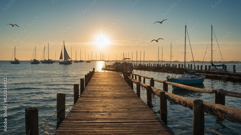 Obraz premium Serene sunset paints sky with warm hues at marina, where sailboats anchored peacefully. Wooden dock, leading eye towards horizon, illuminated by golden light. Birds soar gracefully in sky.