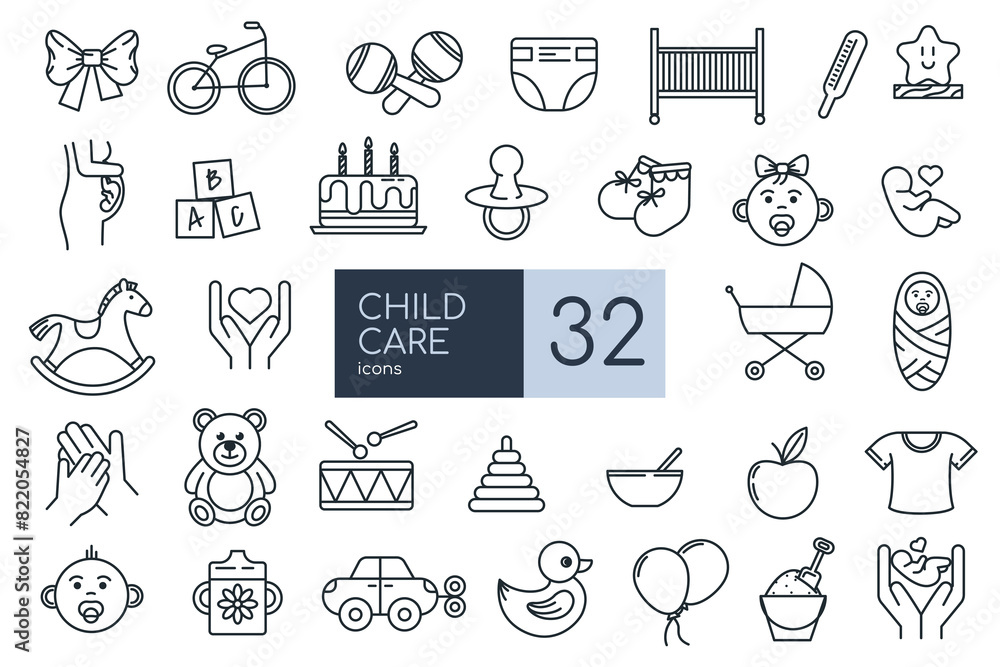 Child care thin line icons. Set of line icons related to international children day, kid rights, parenthood. Editable Stroke