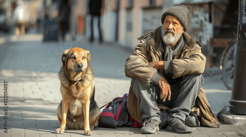 An elderly homeless man with a graying beard sits on a sidewalk beside his devoted brown dog, both looking towards the street