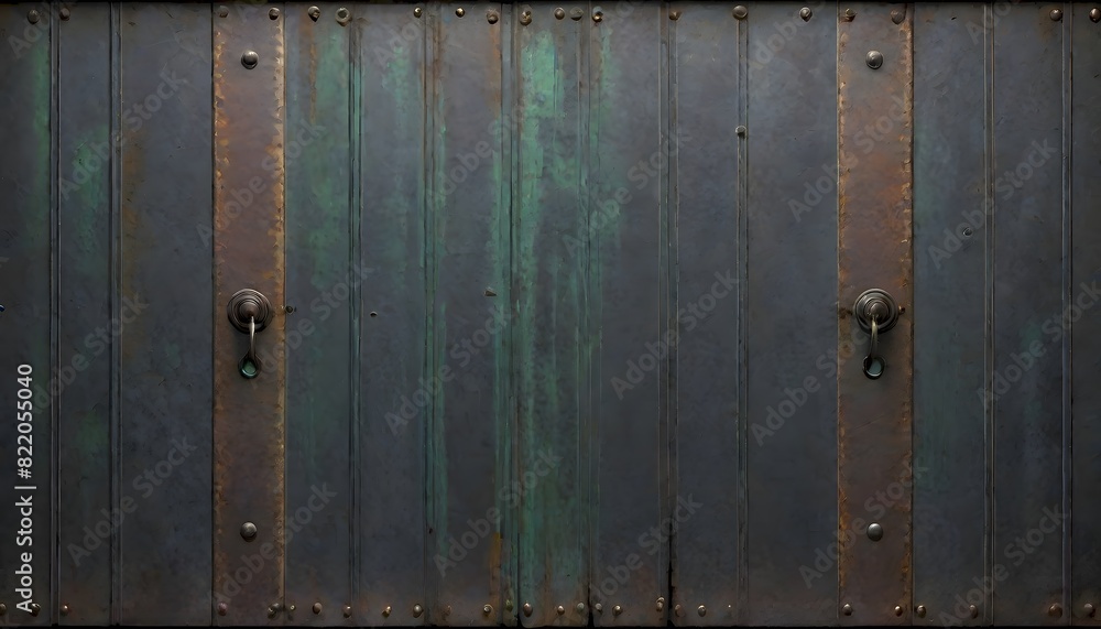 Fototapeta premium Rustic metal grunge garage door on a weathered surface, where the lines and textures narrate a story of urban life and time, Generative AI.