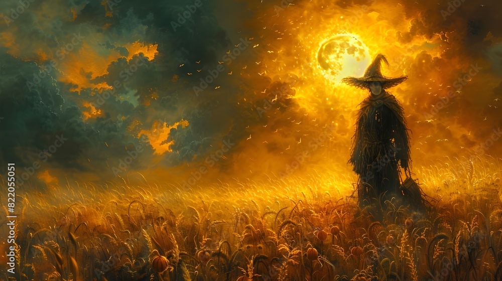 Fototapeta premium Vigilant Protectors Scarecrows Safeguarding a Corn Field on All Hallows Eve