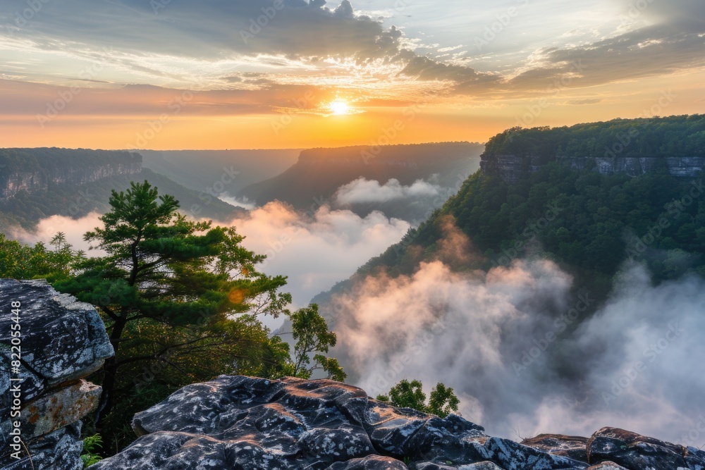 Fototapeta premium Beautiful sunset over mountain range, ideal for travel and nature concepts