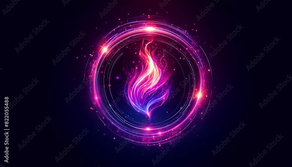 On a dark background, an abstract neon energy sphere with particles and waves glows magically, showcasing a purple and pink flame in circle and loop frames, isolated on transparent, generated by AI. On a dark background, an abstract neon energy sphere with particles and waves glows magically, showcasing a purple and pink flame in circle and loop frames, isolated on transparent, generated by AI.