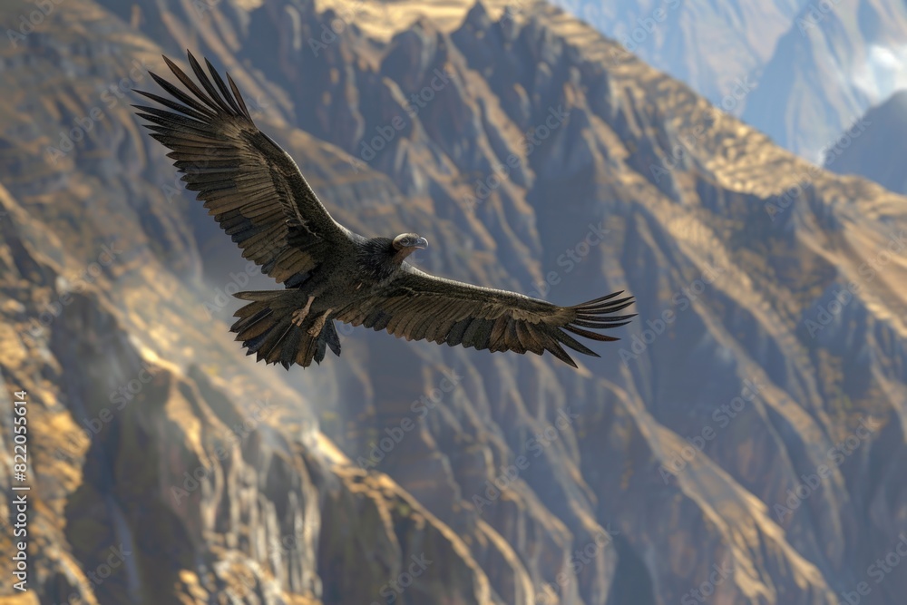 Naklejka premium A majestic bird soaring over a scenic mountain range. Perfect for nature-themed designs