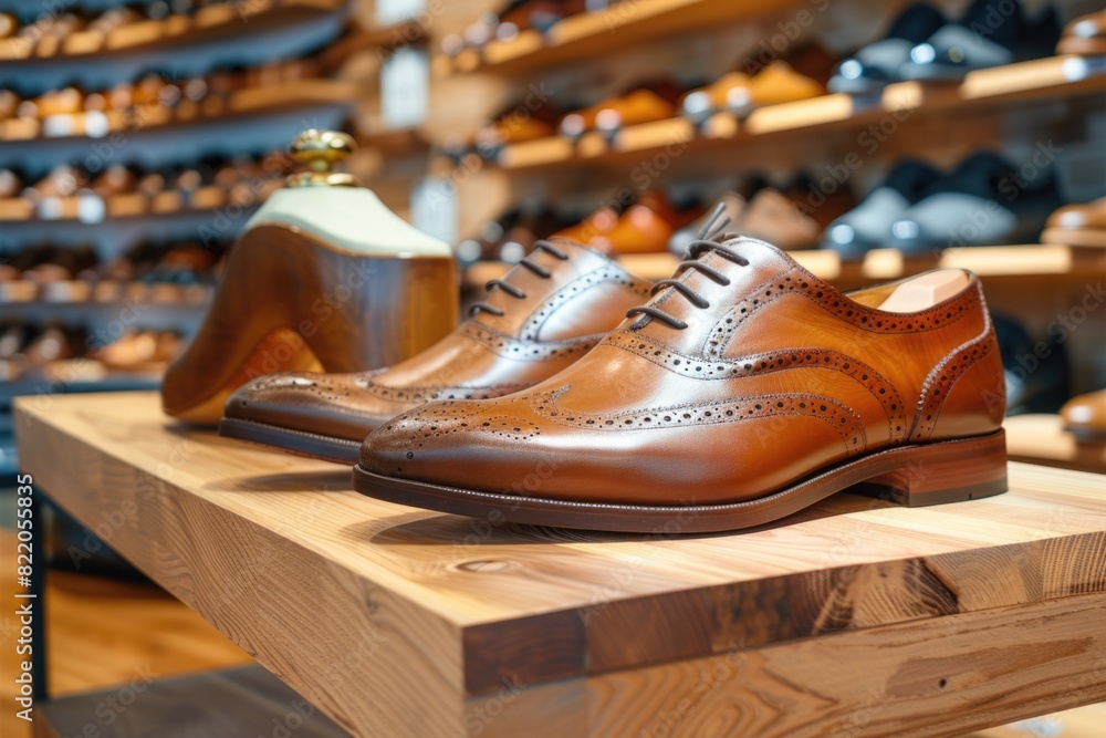 A pair of brown shoes resting on a wooden table, suitable for fashion or lifestyle concepts