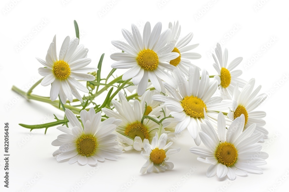 Obraz premium Realistic photograph of a complete Daisies,solid stark white background, focused lighting