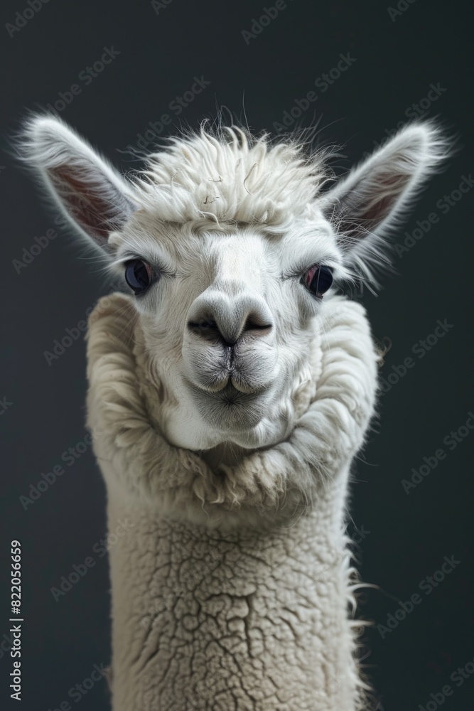 A detailed image of a llama's face against a dark background. Suitable for animal-themed designs