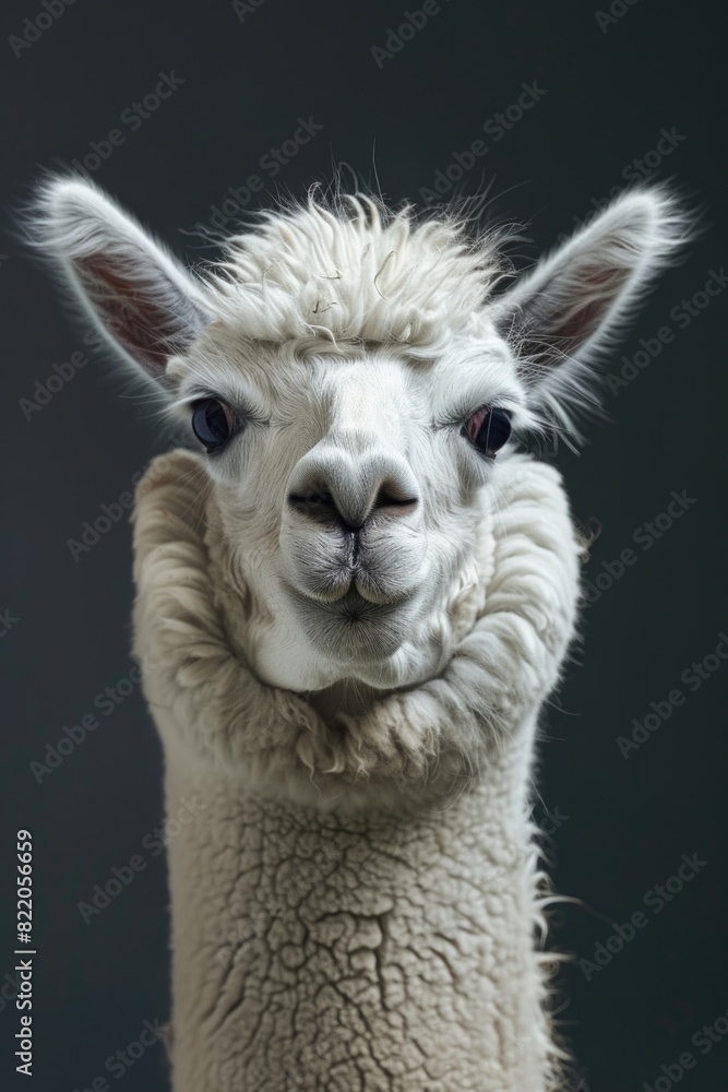 Obraz premium A detailed image of a llama's face against a dark background. Suitable for animal-themed designs