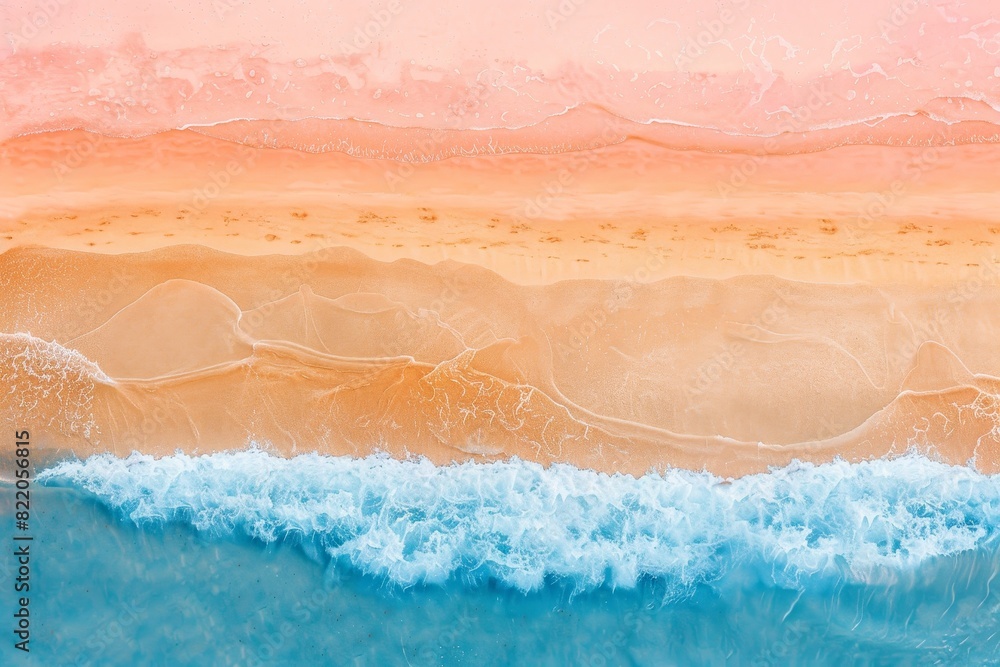 Fototapeta premium Eye-level angle photo, serene beach scene, divided into three horizontal bands; vivid blue waves at the bottom, golden sands in the middle, orange-pink sky at the top, oil painting texture