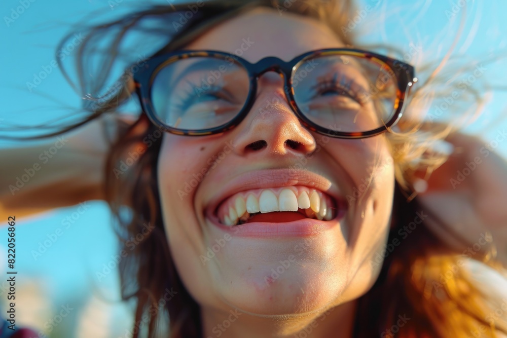 A woman wearing glasses smiling for the camera. Suitable for business and lifestyle concepts