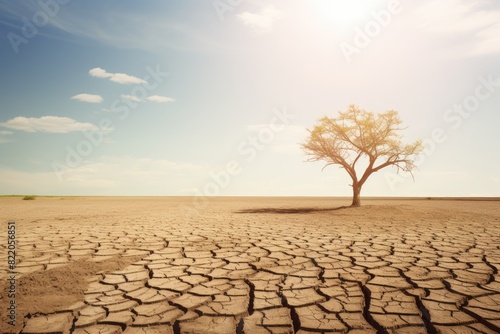 A single tree stands resilient amid a vast, cracked desert landscape under a sunny sky. Lone Tree in Expansive Dry Desert