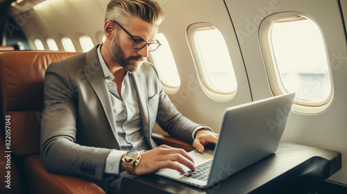 Confident businessman passenger, man working with laptop on an airplane sits in seat business class © rohappy