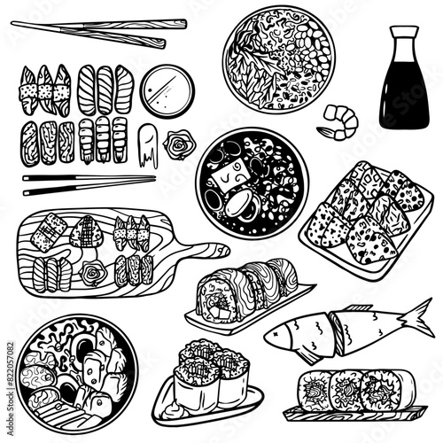 Asian Japanese food. Sushi set. Hand drawn Japanese food sketch Illustrations set. Sea food and japan restaurant foods items Retro style. Sushi bar menu.