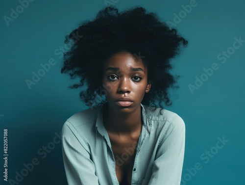 Cyan background sad black independant powerful Woman realistic person portrait of young beautiful bad mood expression girl Isolated on Background racism 