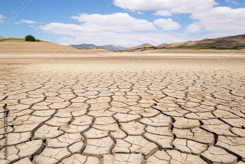 Expansive cracked soil covers a barren landscape under a vast blue sky. Barren Desert Landscape Under Blue Sky