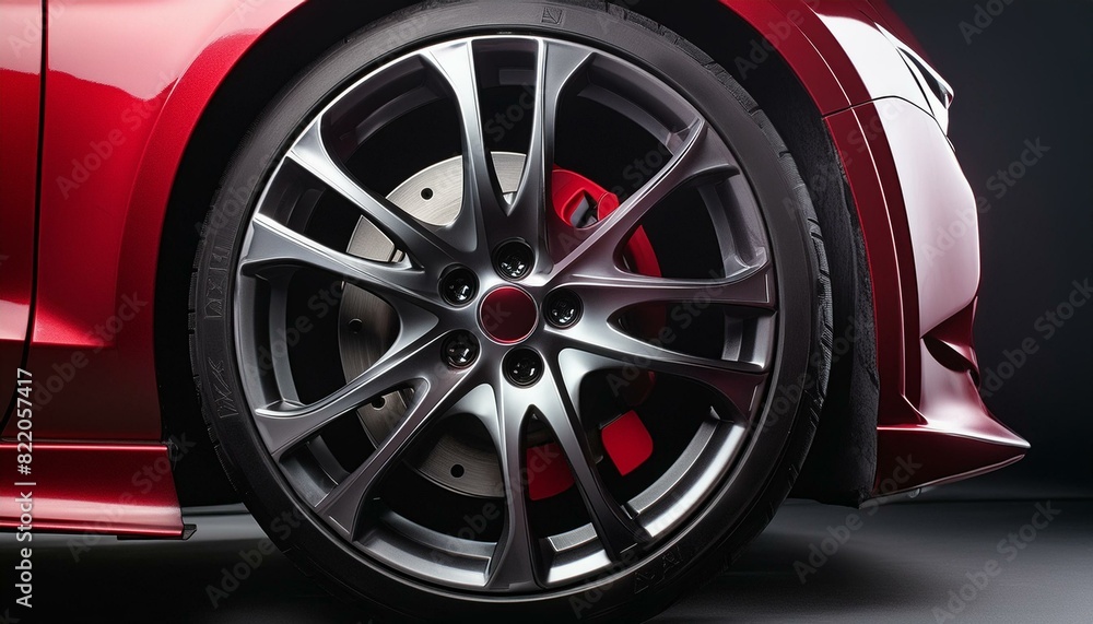 Luxury Sports Car: Close-Up of Red Brake Caliper and Chrome Rim in Dark Studio Lighting Luxury Sports Car: Close-Up of Red Brake Caliper and Chrome Rim in Dark Studio Lighting
