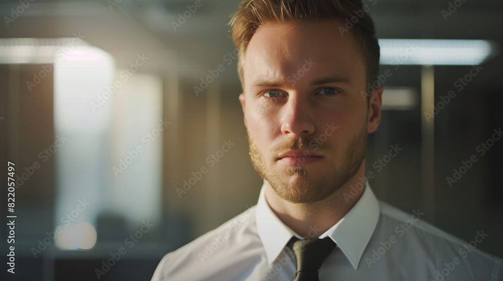 Close up portrait of confident businessman in stress focused on work in office, looking away Close up portrait of confident businessman in stress focused on work in office, looking away