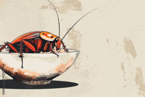 A realistic drawing of a cockroach in a bowl. Suitable for pest control advertisements
