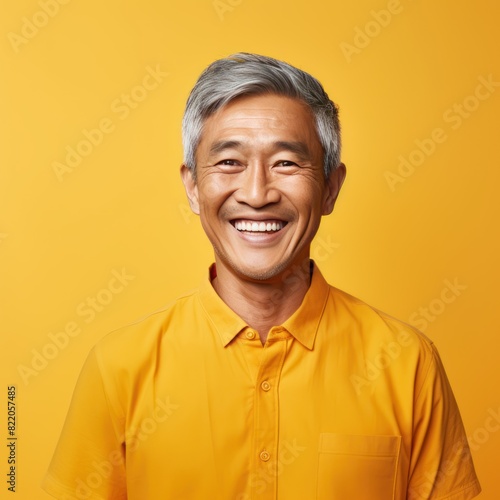 Gold Background Happy asian man. Portrait of older mid aged person beautiful Smiling boy good mood Isolated on Background ethnic diversity equality acceptance © Zickert