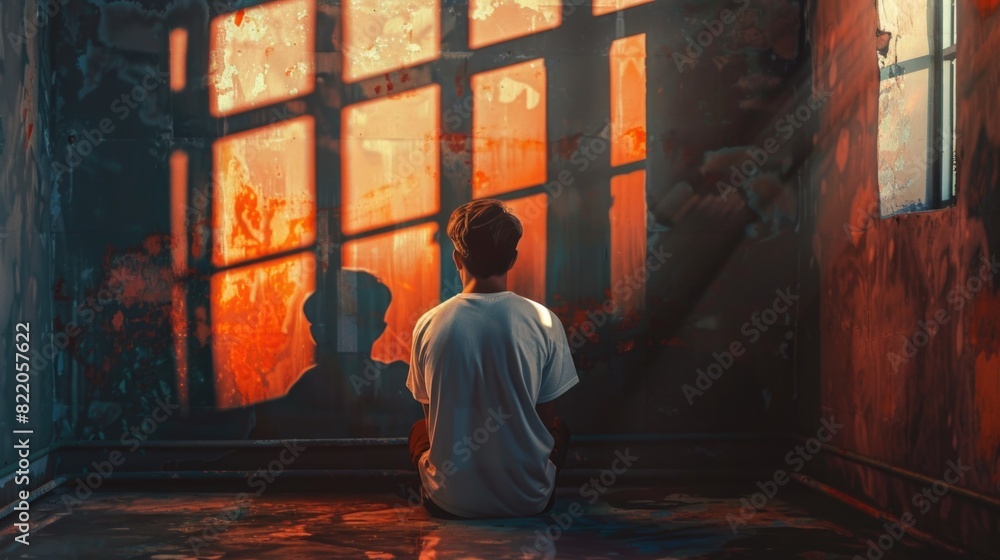 Fototapeta premium A man sitting on the floor in front of a window. Suitable for illustrating solitude or contemplation