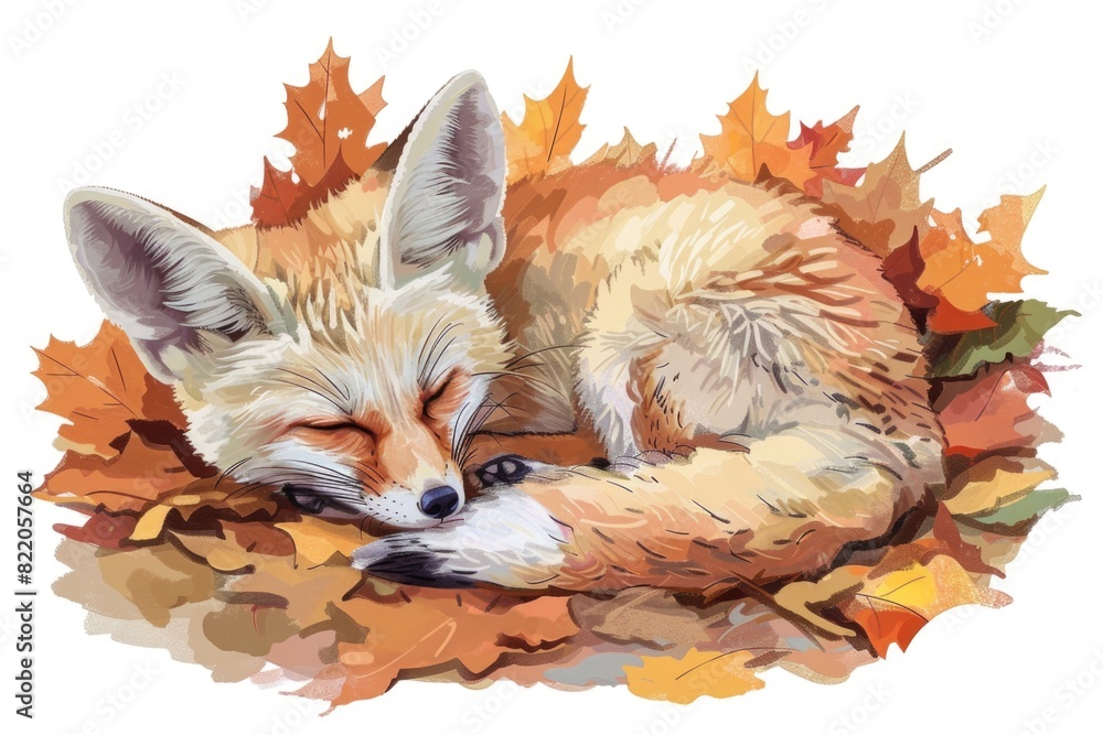 Fototapeta premium A fox peacefully curled up on a pile of leaves. Suitable for nature and animal themes