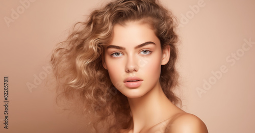 Wallpaper Mural Beauty portrait of pretty young woman with curly hair, beautiful lovely model on studio background Torontodigital.ca