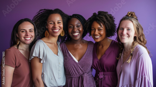 A group of women smiling and looking at the camera against a purple background.