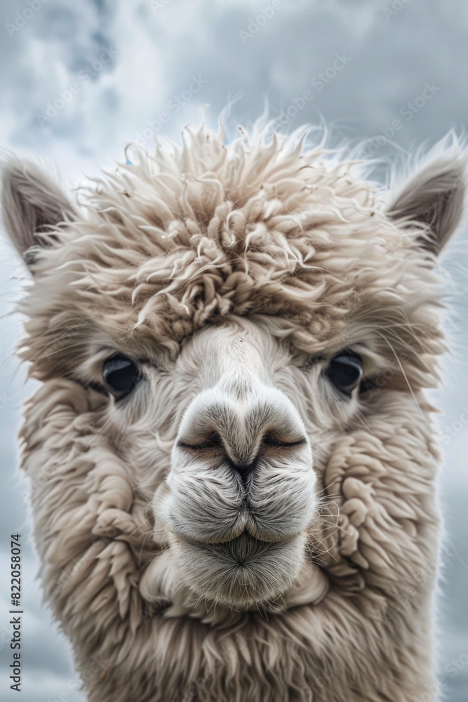 Fototapeta premium Close up of a llama's face with a cloudy sky background. Suitable for nature and animal themed projects