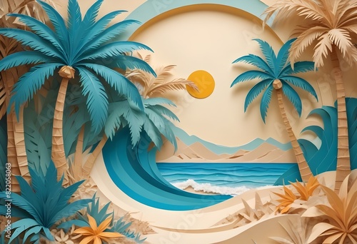 Paper art of a tropical beach. Aesthetic. Origami.  ocean  palm tree  sand  sun. illustration. 