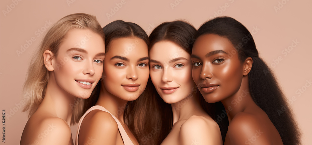 Fototapeta premium Beauty portrait four multiethnic diverse young women, clean skin, beautiful female models together