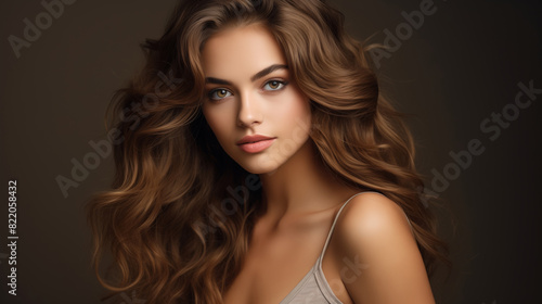 Beauty portrait of pretty young woman with curly hair, beautiful lovely model on studio background