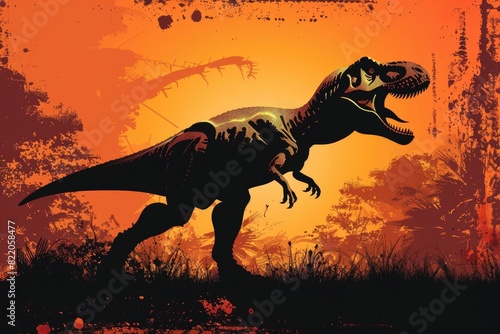 Majestic T-Rex roaming in a field at sunset. Perfect for dinosaur enthusiasts