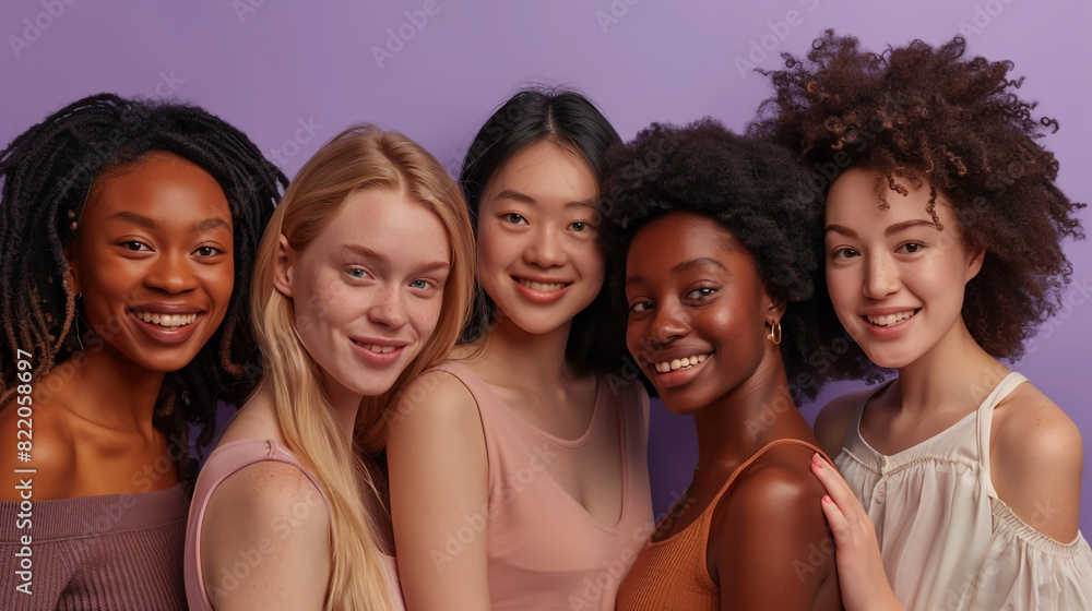 A group of women smiling and looking at the camera against a purple background. A group of women smiling and looking at the camera against a purple background.