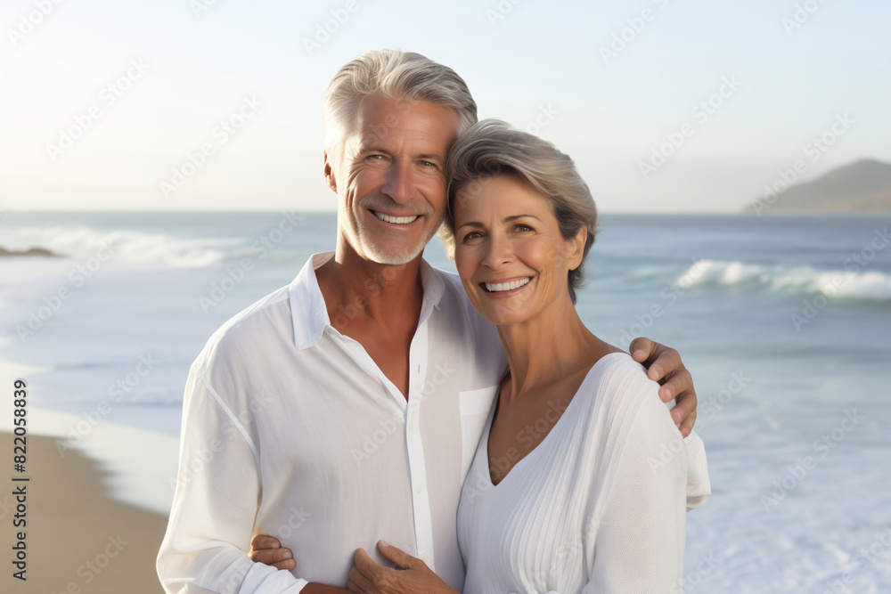 Summer portrait happy smiling mature couple together on sunny coast, enjoying beach vacation at sea Summer portrait happy smiling mature couple together on sunny coast, enjoying beach vacation at sea
